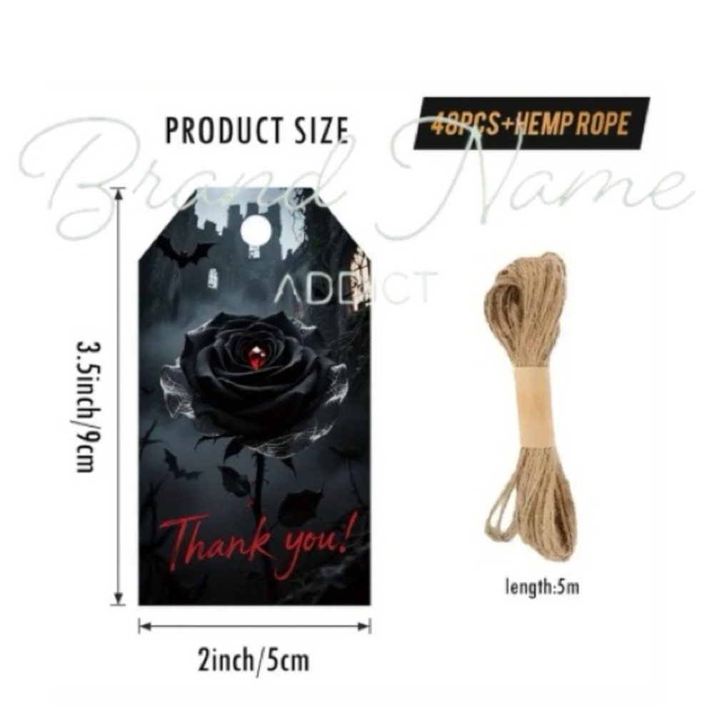 PRICE IS FIRM - Set of 48 Piece Goth Black Rose ‘Thank You’ Tags with Hemp Rope - Picture 2 of 2